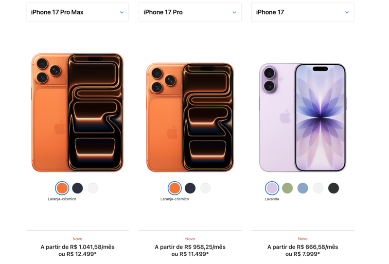 Preços do iPhone 17 Pro Max, iPhone 17 Pro e iPhone 17